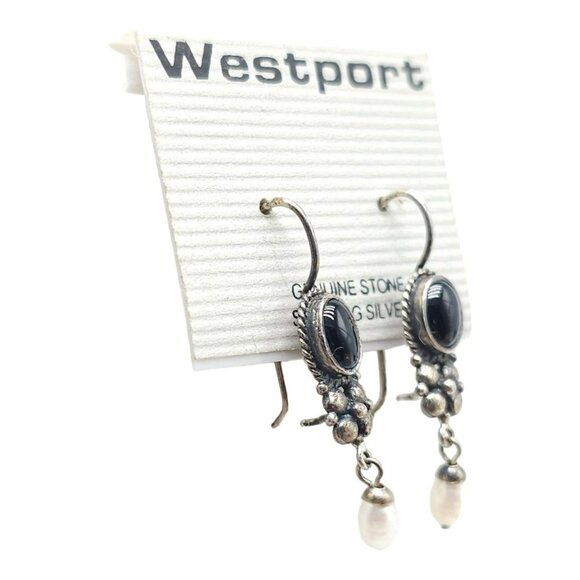Westport 925 Sterling Silver Black Onyx Rice Pearl Dangle Drop Earrings Vintage - Picture 4 of 5